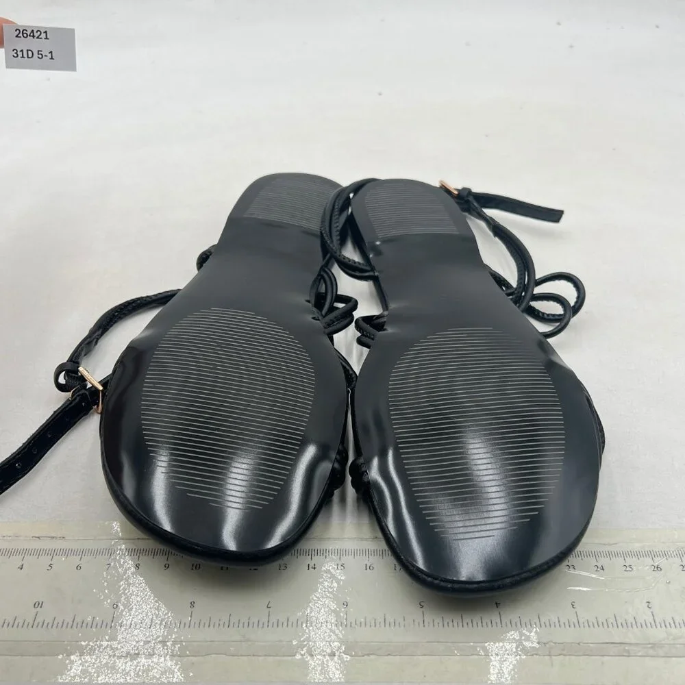 miss left Black Beaded Flat Sandals for Women Ankle Strap Open Toe Slide Sandals - Picture 7 of 8